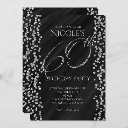 Invitation Black & Faux Silver Parties scintillant Glam 60 60 (Devant / Derrière)