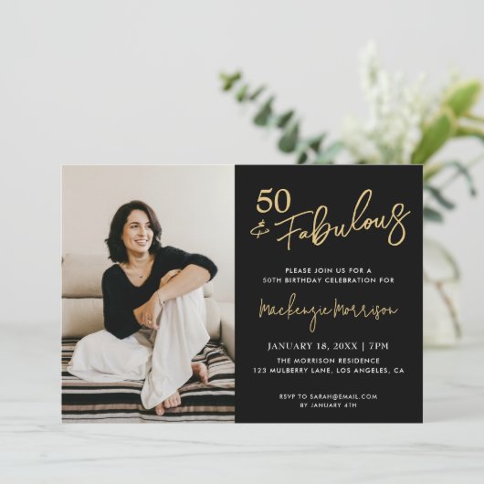 Invitation Black Fifty and Fabulous Script Birthday Party (Debout devant)