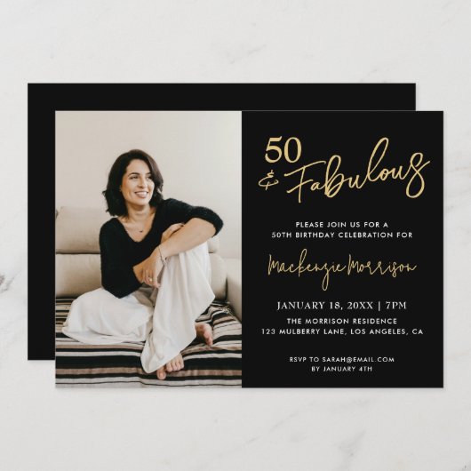 Invitation Black Fifty and Fabulous Script Birthday Party (Devant / Derrière)