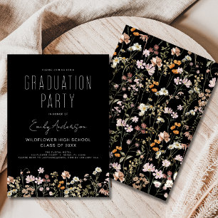 Invitation Black Fleur sauvage Bloom Graduation Party Boho