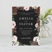 Invitation Black Floral Bourgogne Mariage Blush (Debout devant)