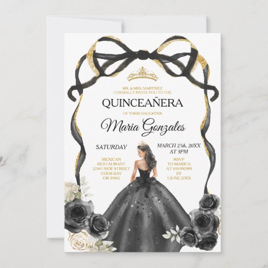 Invitation Black Floral Bow Princess Gold Crown Quinceañera (Devant)