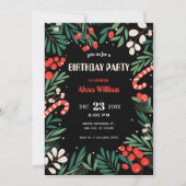 Invitation Black floral christmas birthday (Devant)