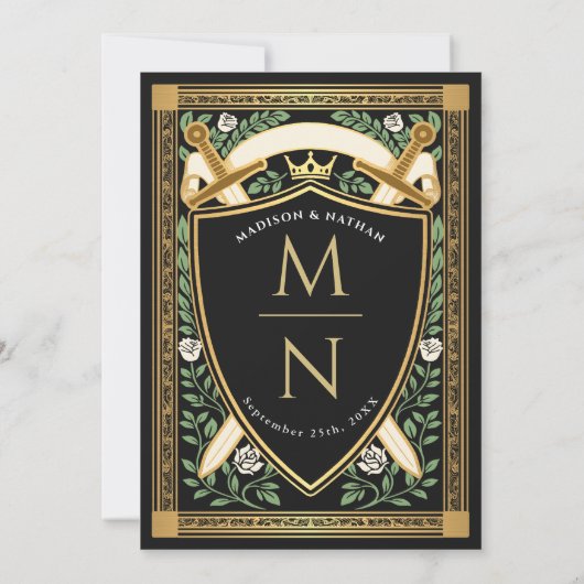 Invitation Black Floral Fantasy Sword Shield Monogram Wedding (Dos)