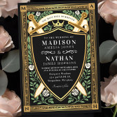 Invitation Black Floral Fantasy Sword Shield Monogram Wedding