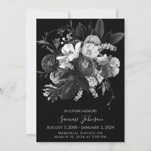 Invitation Black Floral Funeral Memorial Annonce (Devant)