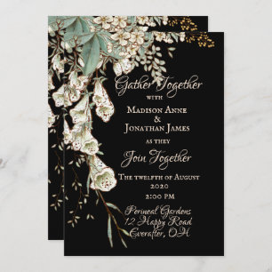 Invitation Black Floral Garland Script Mariage élégant