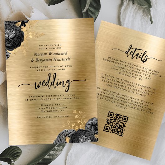 Invitation Black Floral Gold Brushed Metal QR Code Wedding