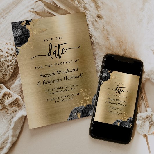 Invitation Black Floral Gold Glam Wedding Save the Date