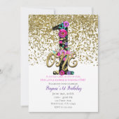 Invitation Black Floral Gold Parties scintillant ONE 1 1er an (Devant)