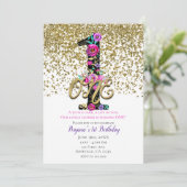 Invitation Black Floral Gold Parties scintillant ONE 1 1er an (Debout devant)