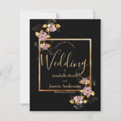 Invitation Black Floral Gold Script Mariage élégant (Devant)