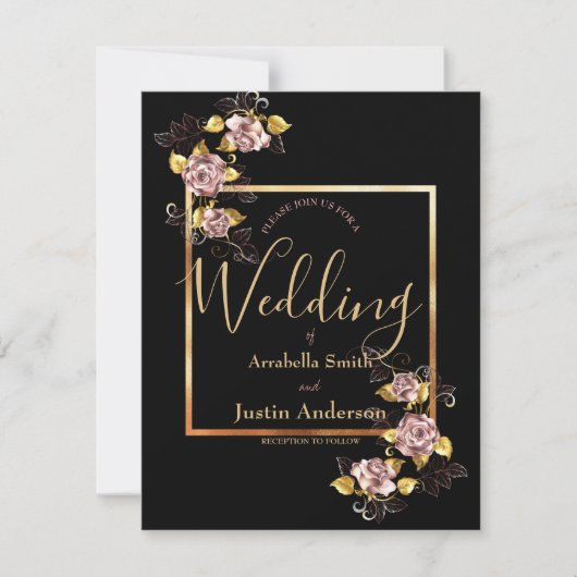 Invitation Black Floral Gold Script Mariage élégant (Devant)