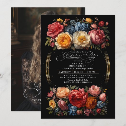 Invitation Black Floral Moody Botanical Chic Graduation Party (Devant / Derrière)