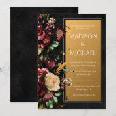 Invitation Black Floral or Mariage moderne (Devant / Derrière)