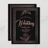 Invitation Black Floral Rose Gold Script Mariage élégant (Devant / Derrière)