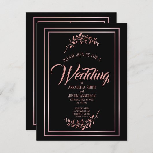 Invitation Black Floral Rose Gold Script Mariage élégant (Devant / Derrière)