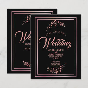 Invitation Black Floral Rose Gold Script Mariage élégant