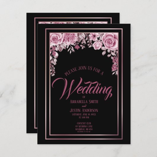 Invitation Black Floral Rose Gold Script Mariage élégant (Devant / Derrière)