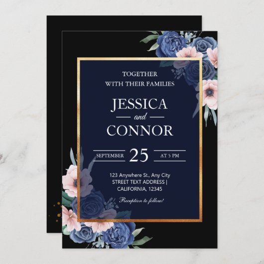 Invitation Black Floral rustique Or élégant mariage moderne (Devant / Derrière)
