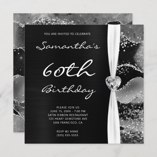 Invitation Black Foil Parties scintillant argent Agate Abstra (Devant / Derrière)