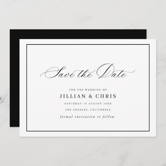 Invitation Black frame calligraphy wedding save the date card (Devant / Derrière)