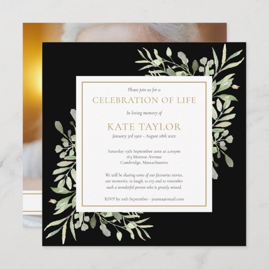 Invitation Black Funeral Celebration of Life Photo Carré (Devant / Derrière)