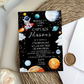 Invitation Black Galaxy Captain Rocket Adventure Kids Bday