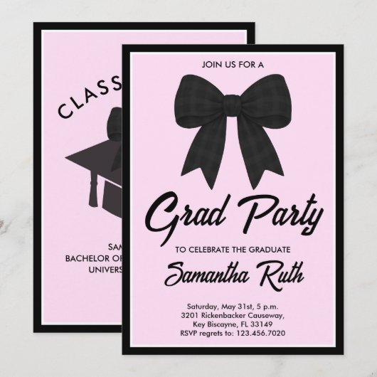 Invitation Black Gingham Bow Graduation Party (Devant / Derrière)