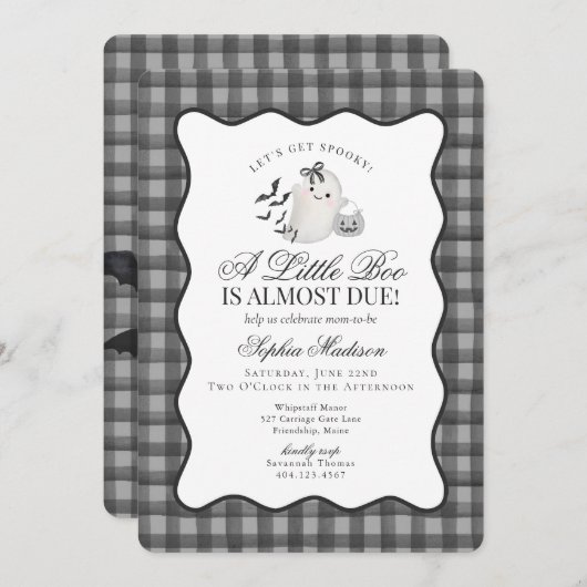 Invitation Black Gingham Preppy Ghost Little Boo Baby Shower (Devant / Derrière)