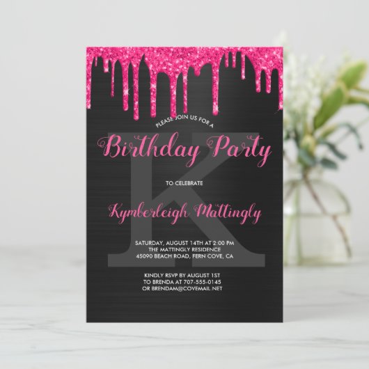 Invitation Black Glam Hot rose Parties scintillant Drithday P (Debout devant)
