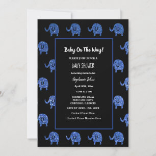 Invitation Black Glittery Blue Baby shower Elephant Animaux