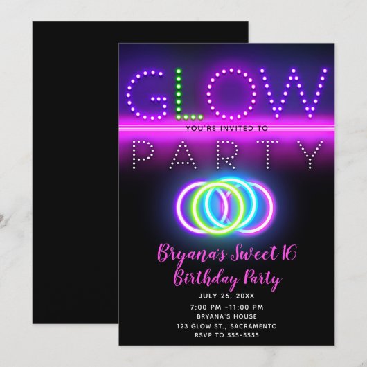 Invitation Black Glow Party Neon Lumières Anniversaire (Devant / Derrière)