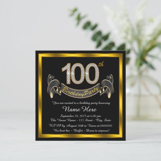 Invitation Black Gold 100e fête d'anniversaire (Debout devant)