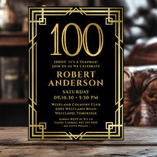 Invitation Black Gold 100th Birthday Photo Surprise Party