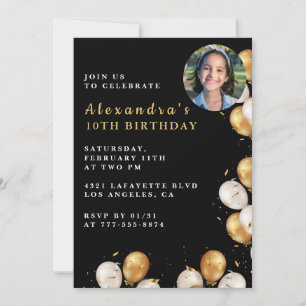 Invitation Black Gold 10e anniversaire Balloon Pho