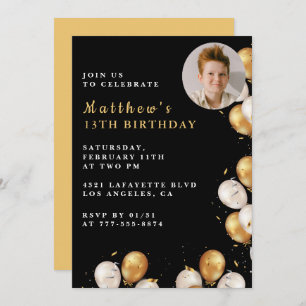 Invitation Black Gold 13e anniversaire Balloon Pho