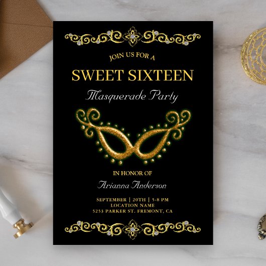 Invitation Black Gold 16e anniversaire Masquerade Sweet sixte