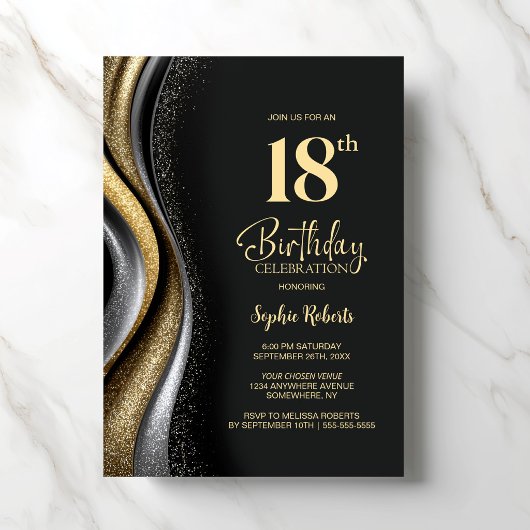 Invitation Black Gold 18th Birthday Party