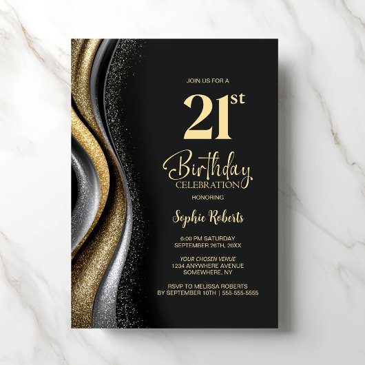 Invitation Black Gold 21st Birthday Party