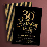 Invitation Black Gold 30th Birthday<br><div class="desc">Black and gold 30th birthday party invitation. Trendy modern design,  perfect for a stylish men's or women's bday celebration. Features script font and stylish stripes on the back. Customize with your own details. Printed Zazzle invitations or instant download digital printable template.</div>
