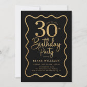 Invitation Black Gold 30th Birthday Wavy Border (Devant)
