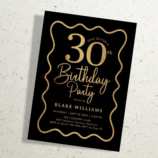 Invitation Black Gold 30th Birthday Wavy Border