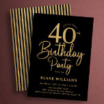 Invitation Black Gold 40th Birthday<br><div class="desc">Black gold 40th birthday party invitation. Trendy modern design,  perfect for a stylish men's or women's bday celebration. Features script font and stripes on the back. Customize with your own details. Printed Zazzle invitations or instant download digital printable template.</div>