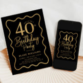 Invitation Black Gold 40th Birthday Wavy Border
