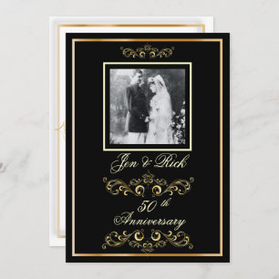 Invitation Black + Gold 50th Anniversary, Gold Swirls Photo