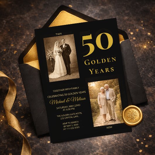 Invitation Black Gold 50th Anniversary Then Now Elegant