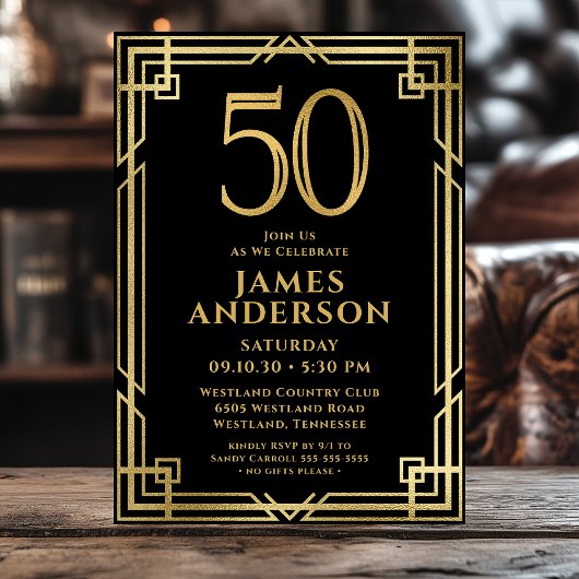 Invitation Black Gold 50th Birthday Photo