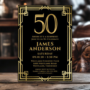 Invitation Black Gold 50th Birthday Photo Surprise Party