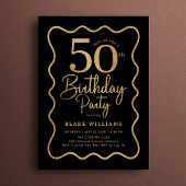 Invitation Black Gold 50th Birthday Wavy Border